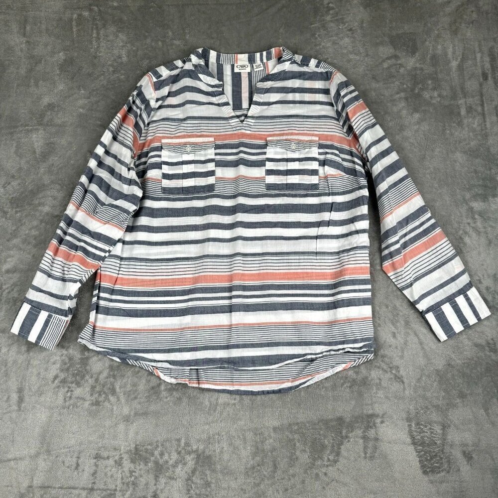 Cato 18/20W Shirt Womens 3/4 Sleeve Button Up Lightweight Striped Nautical Blue